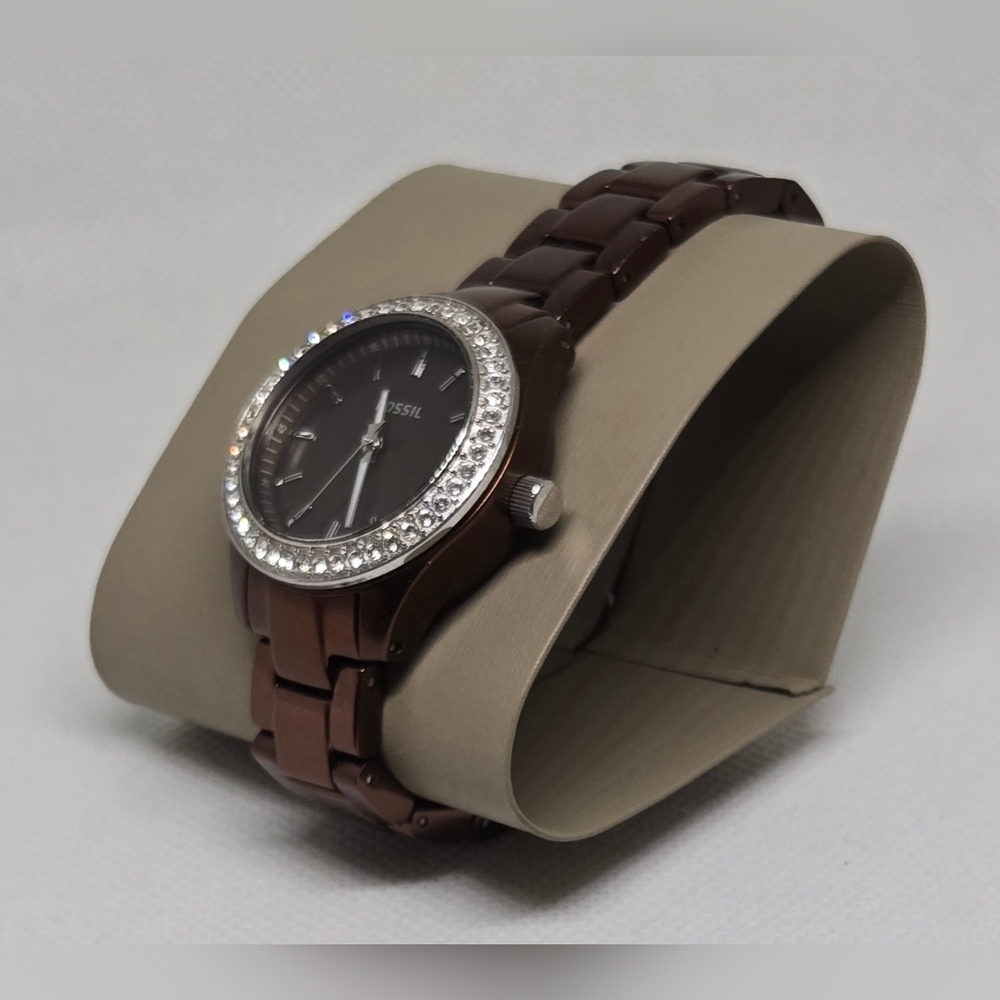 Fossil ES-2963 Women's Crystal Bezel Brown Stainless Steel Watch w/ Box & Manual - Picture 2 of 9